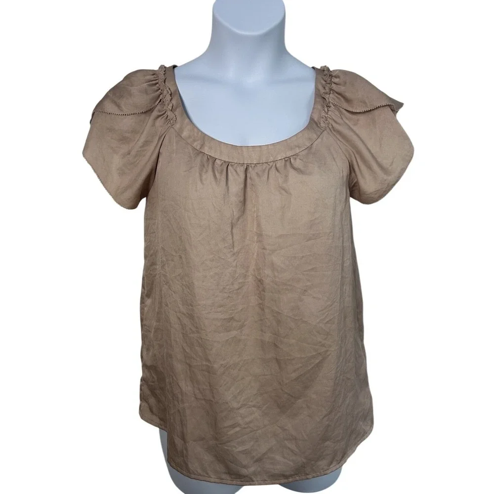 Ann Taylor Loft Tan Flutter Sleeve Scoop Neck Blouse Medium Neutral Career Top